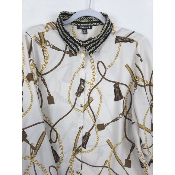 Roz & Ali Blouse Chain Print Button Front Women 2X Beige Gold Equestriancore - Picture 11 of 12
